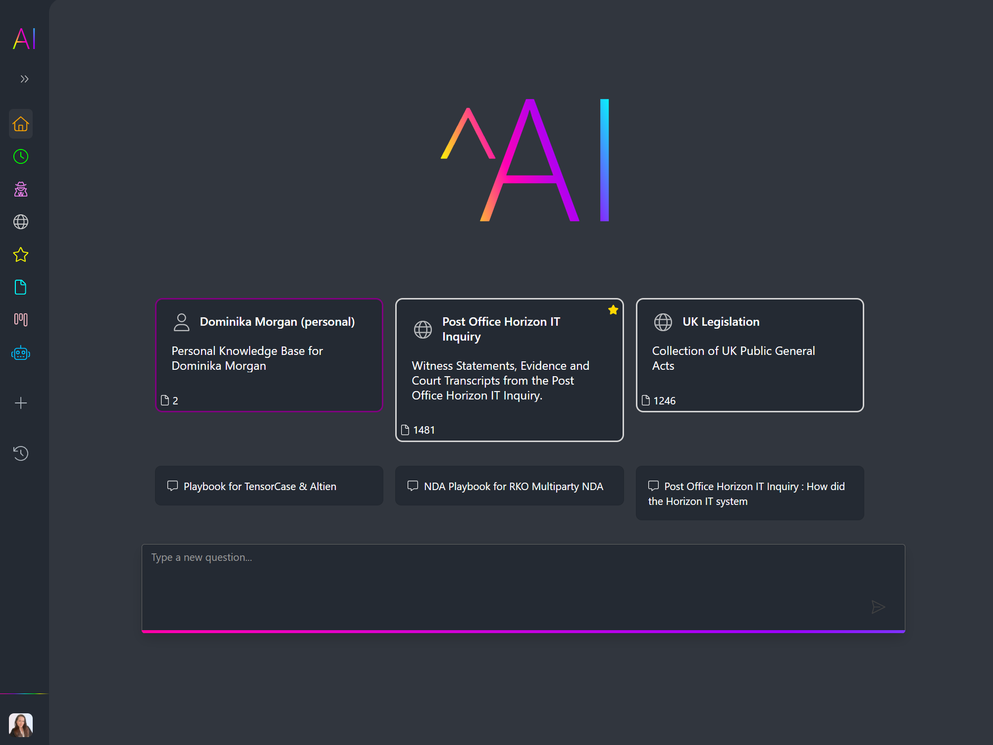 Altien^AI home screen with knowledge bases for personal files, the Post Office Horizon IT Inquiry and UK legislation, playbook shortcuts and a question box