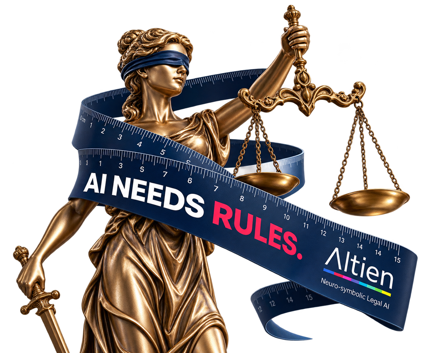 Bronze statue of Lady Justice wrapped in a navy ruler tape reading AI needs rules, with the Altien logo and the line Neuro-symbolic Legal AI